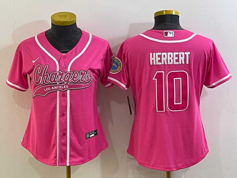 Women%27s Los Angeles Chargers #10 Justin Herbert Pink With Patch Cool Base Stitched Baseball Jersey->women nfl jersey->Women Jersey